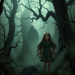 A scene depicting a haunted forest, shrouded in mist, with towering ancient trees and a dark, eerie atmosphere