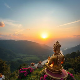 A breathtaking landscape featuring a majestic view of the Himalayas, with a lush green valley and a serene river flowing through it