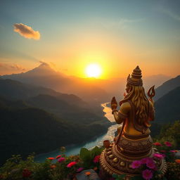 A breathtaking landscape featuring a majestic view of the Himalayas, with a lush green valley and a serene river flowing through it