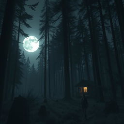 In a deep, deserted forest under a silvery moonlight, a young woman named Riya, trembling with fear, wanders lost amidst the tall, shadowy trees