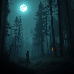 In a deep, deserted forest under a silvery moonlight, a young woman named Riya, trembling with fear, wanders lost amidst the tall, shadowy trees