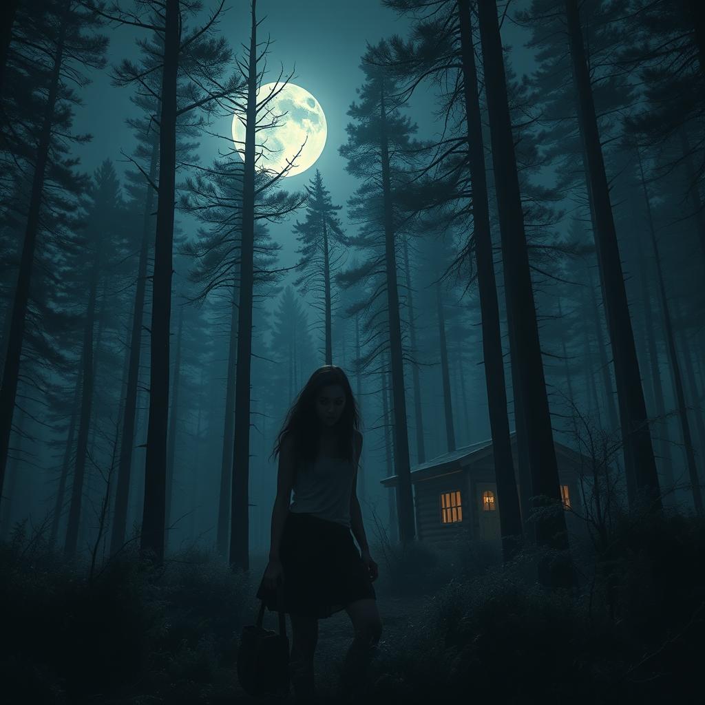 In a deep, deserted forest under a silvery moonlight, a young woman named Riya, trembling with fear, wanders lost amidst the tall, shadowy trees