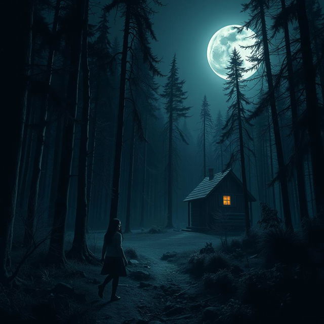 In a deep, deserted forest under a silvery moonlight, a young woman named Riya, trembling with fear, wanders lost amidst the tall, shadowy trees