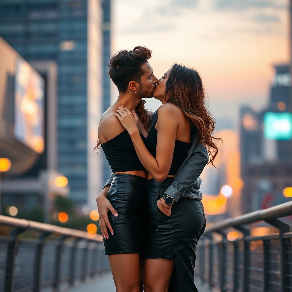 A romantic scene featuring a couple in an urban setting