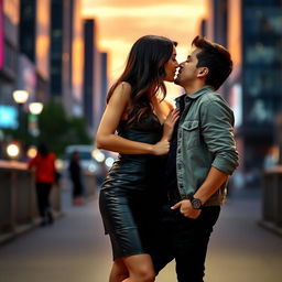 A romantic scene featuring a couple in an urban setting