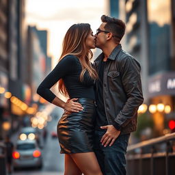 A romantic scene featuring a couple in an urban setting