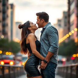 A romantic scene featuring a couple in an urban setting