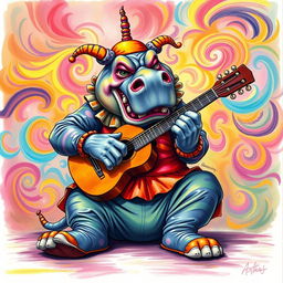 A vibrant color drawing of a demonic hippo clown, featuring bright and bold colors that enhance its fantastical appearance