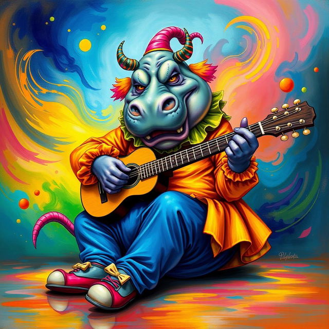 A vibrant color drawing of a demonic hippo clown, featuring bright and bold colors that enhance its fantastical appearance