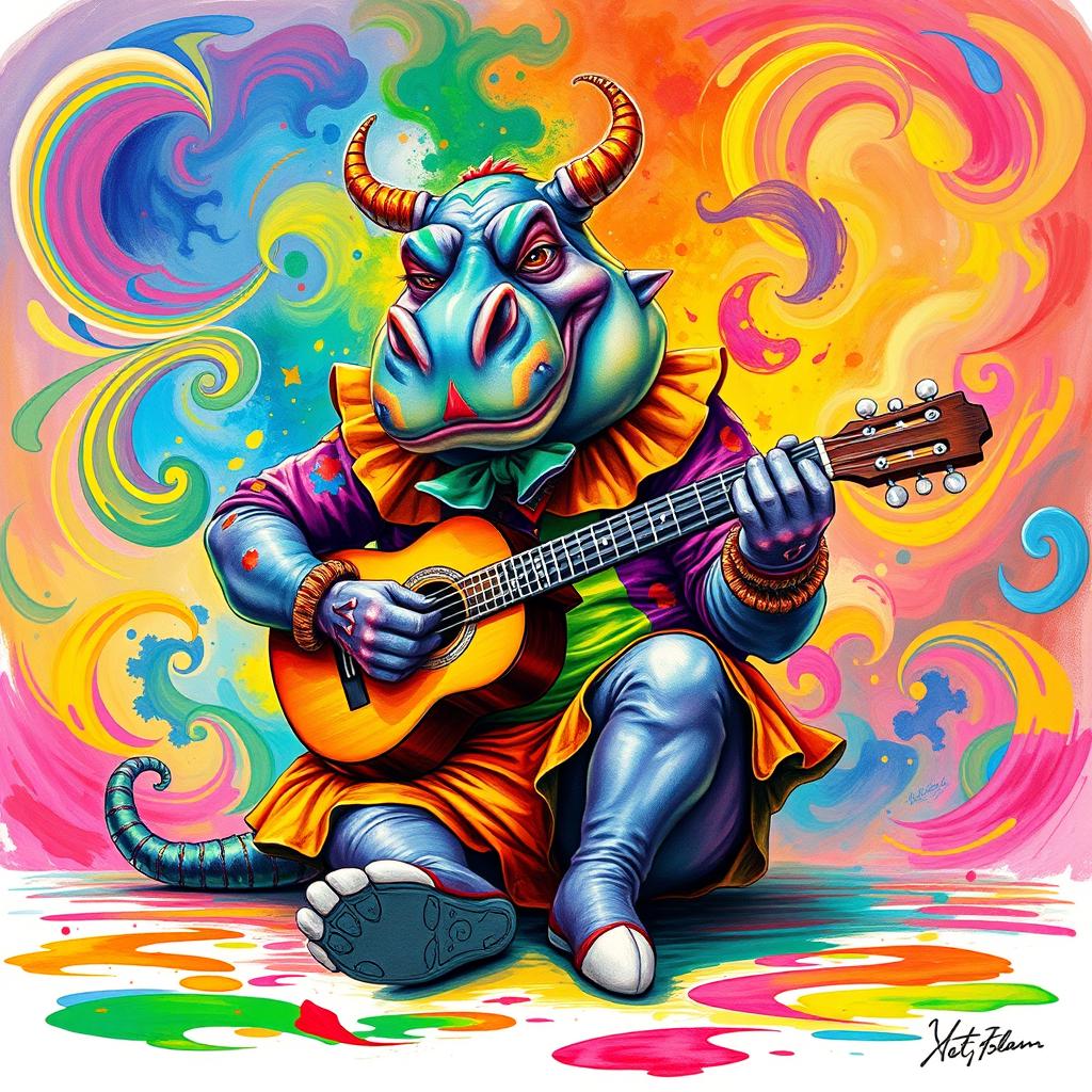 A vibrant color drawing of a demonic hippo clown, featuring bright and bold colors that enhance its fantastical appearance