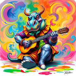 A vibrant color drawing of a demonic hippo clown, featuring bright and bold colors that enhance its fantastical appearance