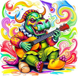 A vibrant color drawing of a demonic hippo clown, featuring bright and bold colors that enhance its fantastical appearance