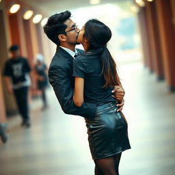 A visually striking photograph of a fashionable Indian school girl with a youthful appearance in a stylish leather mini skirt and a fitted t-shirt, paired with black stockings, showcasing her back