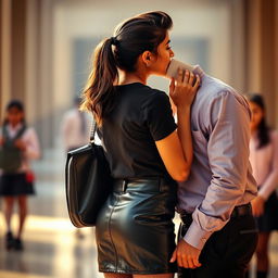A visually striking photograph of a fashionable Indian school girl with a youthful appearance in a stylish leather mini skirt and a fitted t-shirt, paired with black stockings, showcasing her back