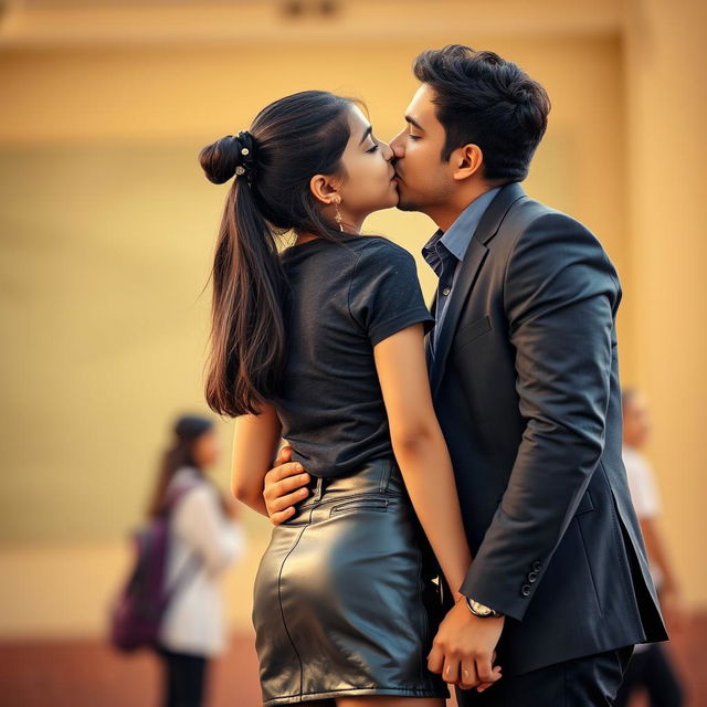 A visually striking photograph of a fashionable Indian school girl with a youthful appearance in a stylish leather mini skirt and a fitted t-shirt, paired with black stockings, showcasing her back