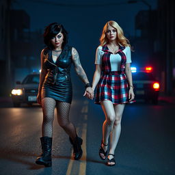 An enticing scene featuring two sexy, hot, beautiful, curvy, thick women, one being a tattooed 30-year-old with medium messy black hair, striking crystal blue eyes adorned with bright frosted pastel blue eye shadow, thick black eyeliner, and long eyelashes beautifully accentuated by thick black mascara