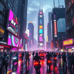 A vibrant cyberpunk cityscape at night, full of neon lights and towering skyscrapers