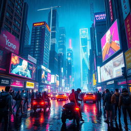 A vibrant cyberpunk cityscape at night, full of neon lights and towering skyscrapers