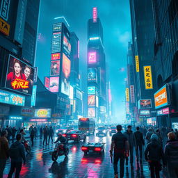 A vibrant cyberpunk cityscape at night, full of neon lights and towering skyscrapers