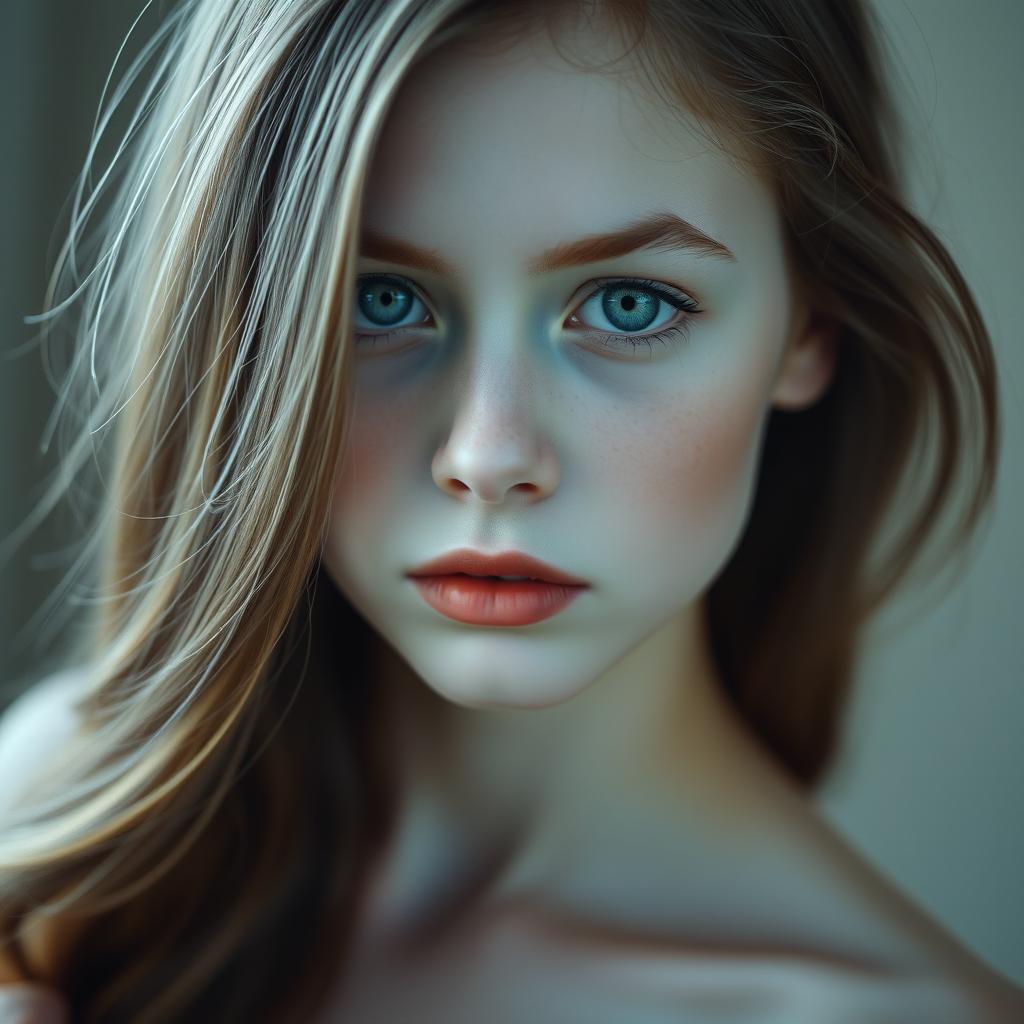 A captivating portrait of a girl with striking features: she has white skin, ocean green eyes that shimmer with light, and soft gray brown hair gently cascading over her shoulders