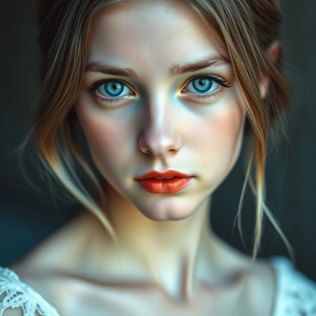 A captivating portrait of a girl with striking features: she has white skin, ocean green eyes that shimmer with light, and soft gray brown hair gently cascading over her shoulders