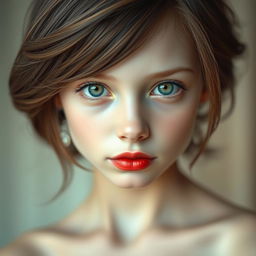 A captivating portrait of a girl with striking features: she has white skin, ocean green eyes that shimmer with light, and soft gray brown hair gently cascading over her shoulders