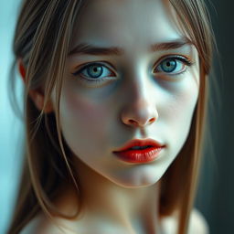 A captivating portrait of a girl with striking features: she has white skin, ocean green eyes that shimmer with light, and soft gray brown hair gently cascading over her shoulders
