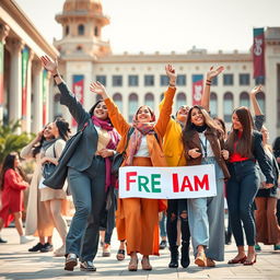 An inspiring and hopeful scene set in Mashhad University of Medical Sciences in 2025, featuring a diverse group of free-spirited young women celebrating their education and empowerment