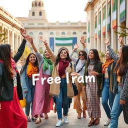 An inspiring and hopeful scene set in Mashhad University of Medical Sciences in 2025, featuring a diverse group of free-spirited young women celebrating their education and empowerment