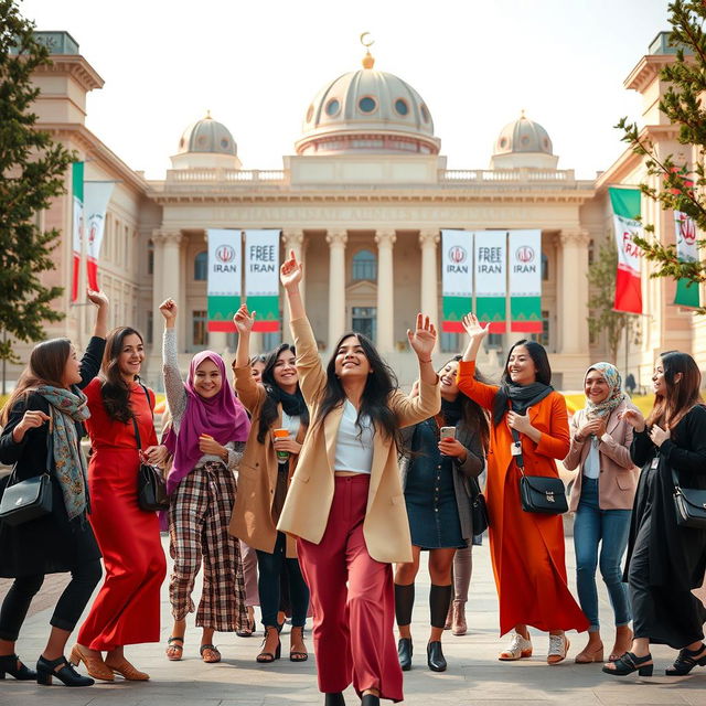 An inspiring and hopeful scene set in Mashhad University of Medical Sciences in 2025, featuring a diverse group of free-spirited young women celebrating their education and empowerment