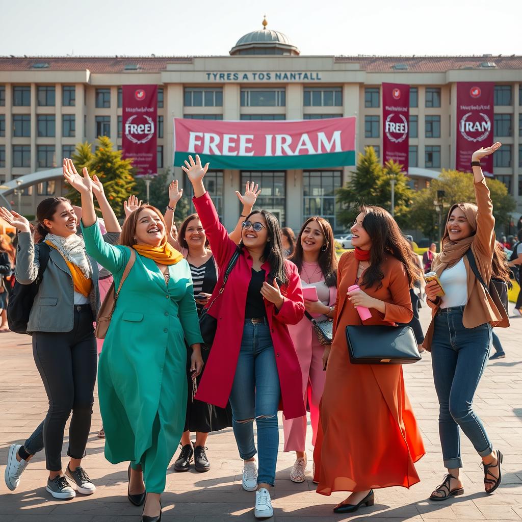 An inspiring and hopeful scene set in Mashhad University of Medical Sciences in 2025, featuring a diverse group of free-spirited young women celebrating their education and empowerment