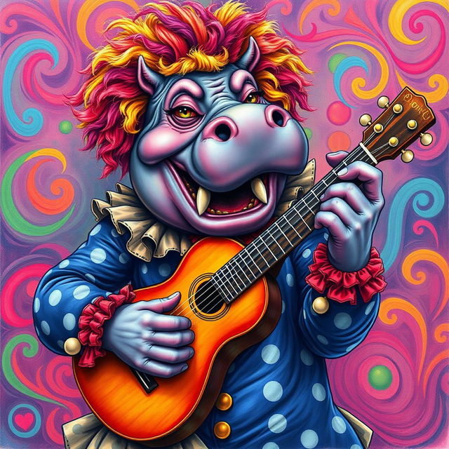 A vibrant color drawing of a demonic hippo clown, showcasing a whimsical yet sinister appearance