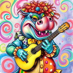 A vibrant color drawing of a demonic hippo clown, showcasing a whimsical yet sinister appearance