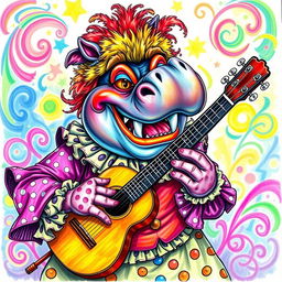 A vibrant color drawing of a demonic hippo clown, showcasing a whimsical yet sinister appearance