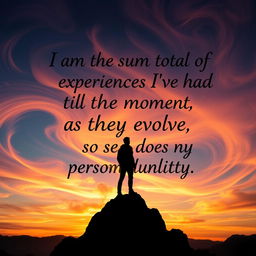 A visually striking image representing personal growth and evolution, featuring a silhouette of a person standing on a mountain peak during sunset, surrounded by swirling colors and abstract shapes symbolizing experiences and emotions