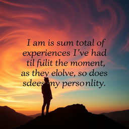 A visually striking image representing personal growth and evolution, featuring a silhouette of a person standing on a mountain peak during sunset, surrounded by swirling colors and abstract shapes symbolizing experiences and emotions