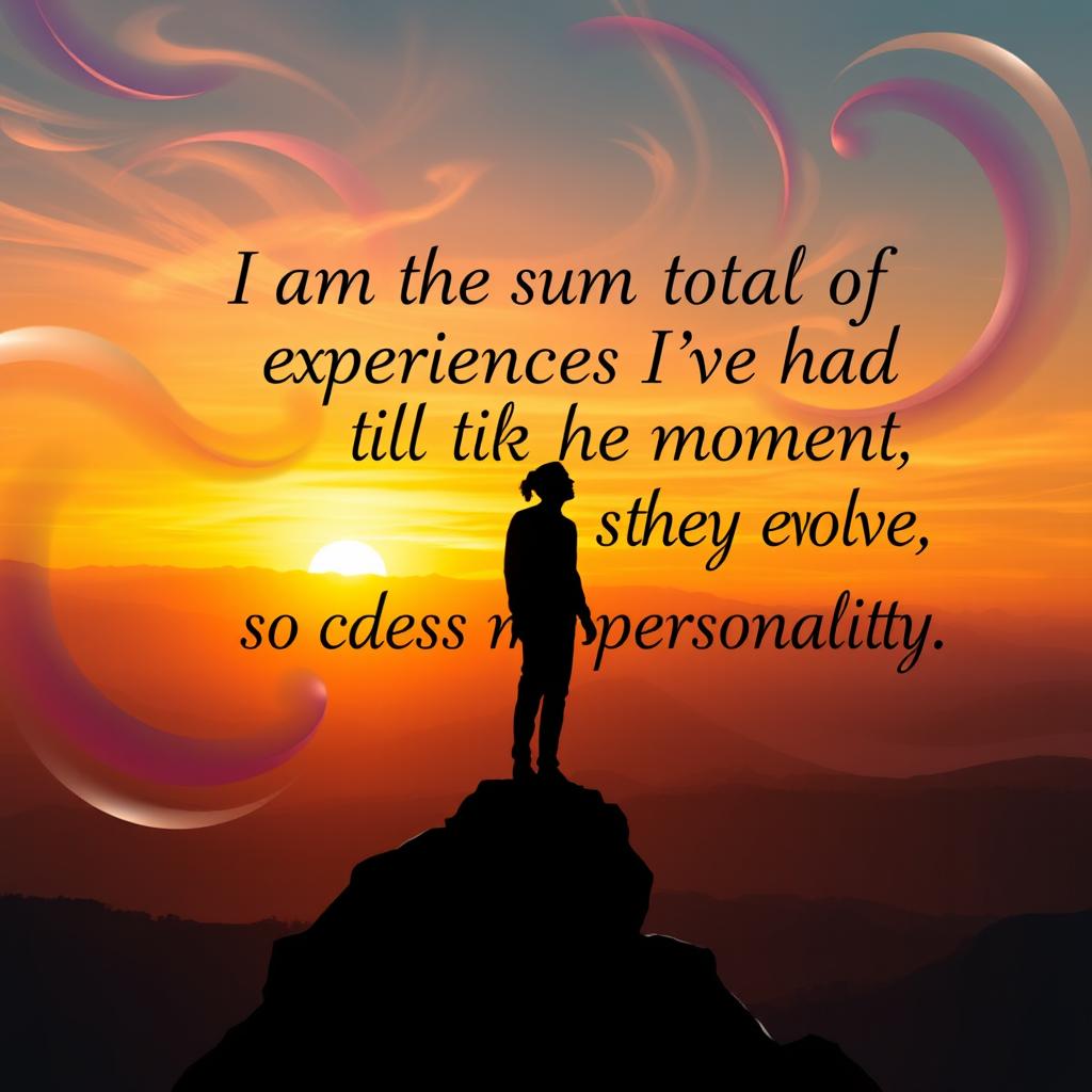 A visually striking image representing personal growth and evolution, featuring a silhouette of a person standing on a mountain peak during sunset, surrounded by swirling colors and abstract shapes symbolizing experiences and emotions
