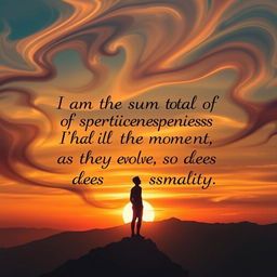 A visually striking image representing personal growth and evolution, featuring a silhouette of a person standing on a mountain peak during sunset, surrounded by swirling colors and abstract shapes symbolizing experiences and emotions