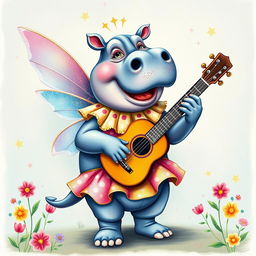 A delightful color drawing of a fairy hippo clown, blending whimsical elements of fantasy with a playful circus vibe