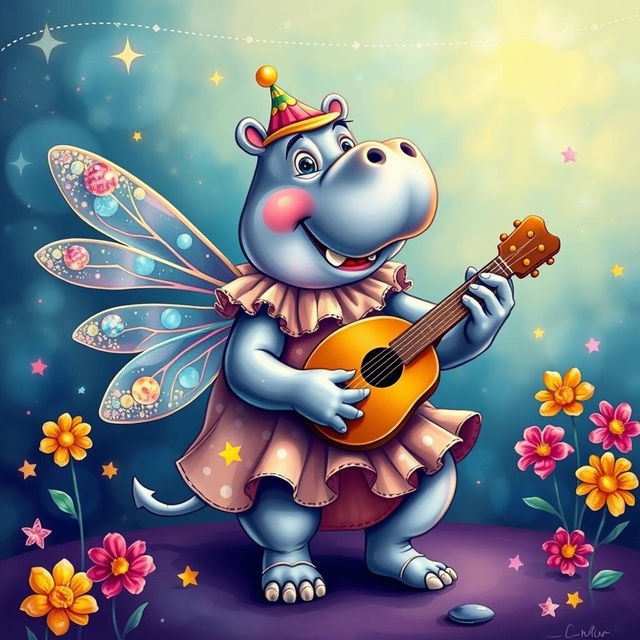 A delightful color drawing of a fairy hippo clown, blending whimsical elements of fantasy with a playful circus vibe