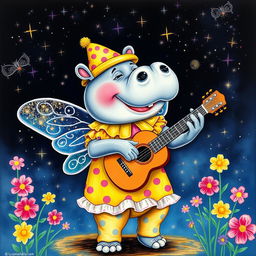 A delightful color drawing of a fairy hippo clown, blending whimsical elements of fantasy with a playful circus vibe