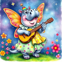 A delightful color drawing of a fairy hippo clown, blending whimsical elements of fantasy with a playful circus vibe