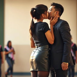 A visually striking photograph of a fashionable Indian school girl with a youthful appearance in a stylish leather mini skirt and a fitted t-shirt, paired with black stockings, showcasing her back