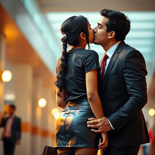 A visually striking photograph of a fashionable Indian school girl with a youthful appearance in a stylish leather mini skirt and a fitted t-shirt, paired with black stockings, showcasing her back