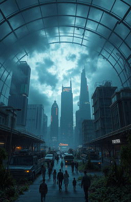 A stunning dystopian cityscape enclosed under a massive glass dome, featuring towering skyscrapers with a mix of futuristic and decaying architecture