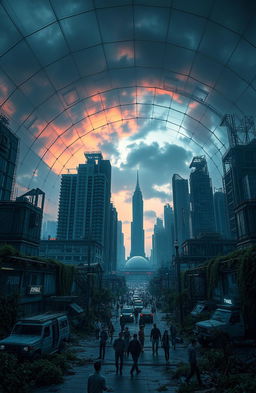 A stunning dystopian cityscape enclosed under a massive glass dome, featuring towering skyscrapers with a mix of futuristic and decaying architecture