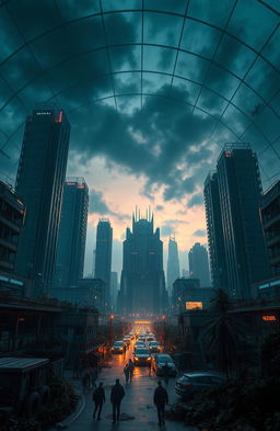 A stunning dystopian cityscape enclosed under a massive glass dome, featuring towering skyscrapers with a mix of futuristic and decaying architecture