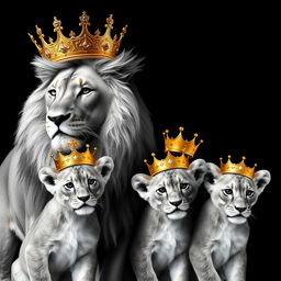 A lifelike representation of a lion and lioness along with their two male cubs, set against a striking black background