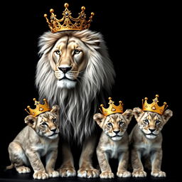 A lifelike representation of a lion and lioness along with their two male cubs, set against a striking black background