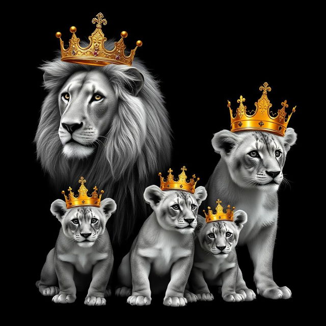 A lifelike representation of a lion and lioness along with their two male cubs, set against a striking black background